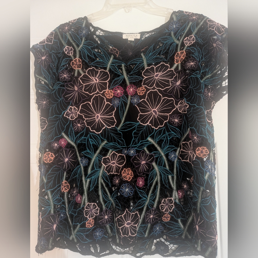 Novica Black Floral Embroidered Top
